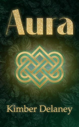 Untitled cover for book two of Club Zenith series. Green background with leaves, gold letters, and a glowing lover's knot in the center.
