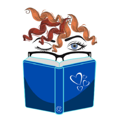 a logo featuring a woman with curly hair, winking over reading glasses, with most of her face hiding behind a book with a heart on the cover